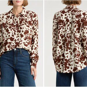 Women’s DR2 Cow Print Long Sleeve Button Up Blouse, Size X Small